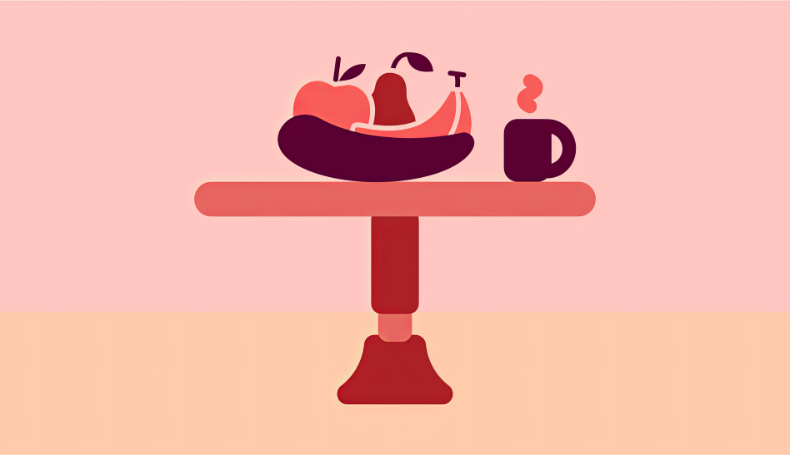 An illustration of a table with fruit and a hot drink.