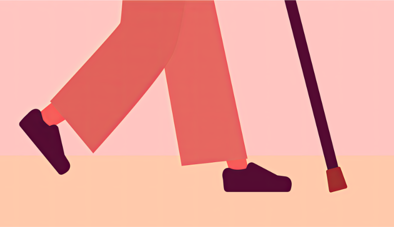 An illustration of a person using a cane to walk.