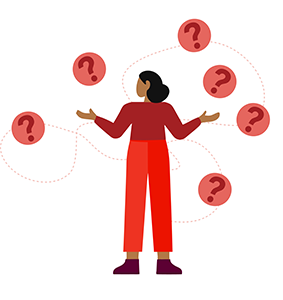 Graphic of a woman standing with outstretched arms surrounded by floating question marks, suggesting uncertainty.