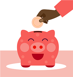 Graphic of smiling piggy bank with hand dropping coin into slot.