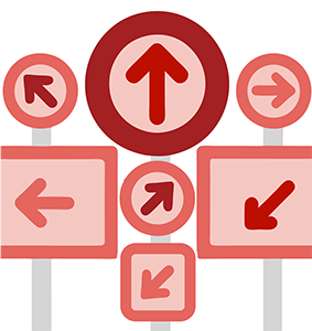 Graphic of directional signs showing arrows pointing up, left, right, and diagonally.