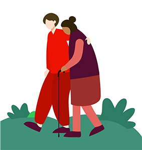 Graphic of a caregiver helping an older adult walk with a cane